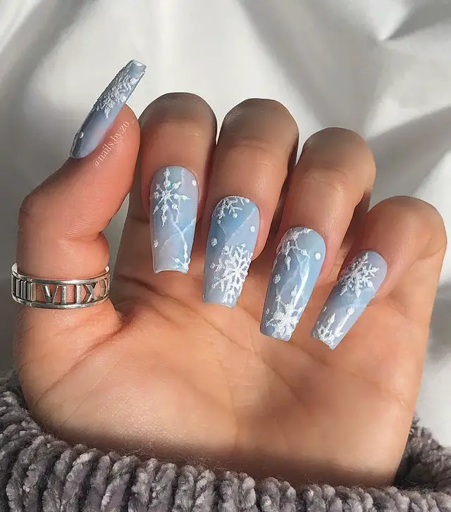 Blue Marbled Nails with Snowflake Art