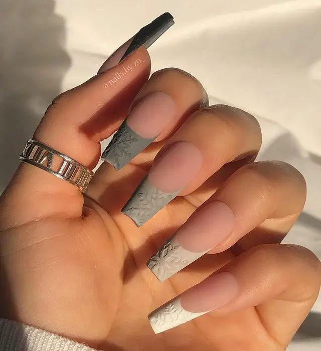 French Tip Nails with Gray Gradient Snowflakes