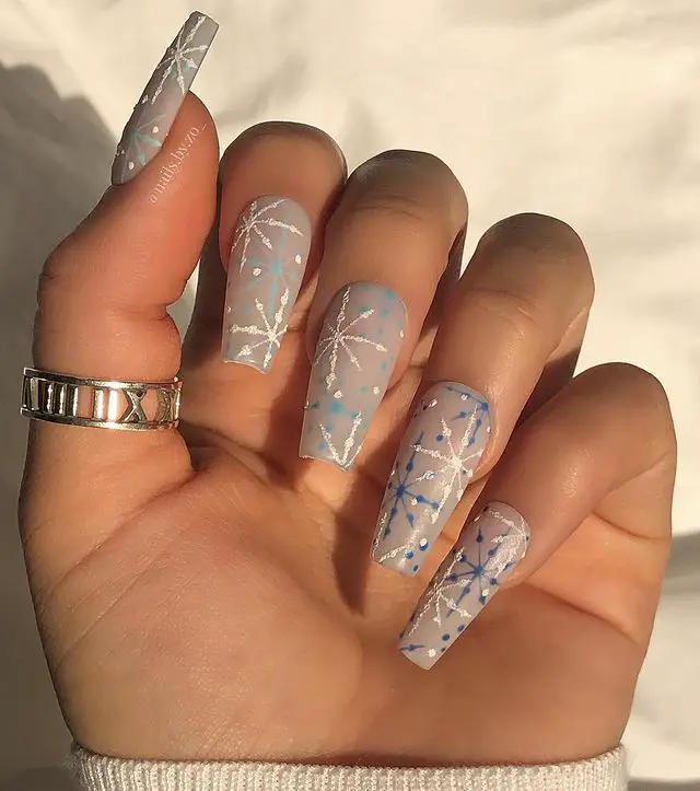 Frosty Nails with Blue and White Snowflake Art