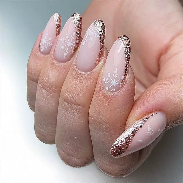 Rose Gold French Tips with Snowflake Nail Art