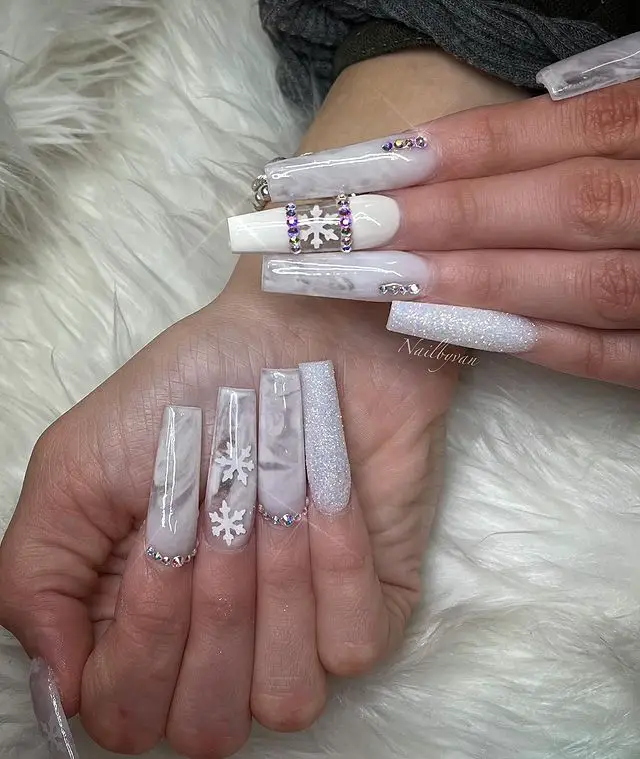 White Marble Nails with Winter Nail Art