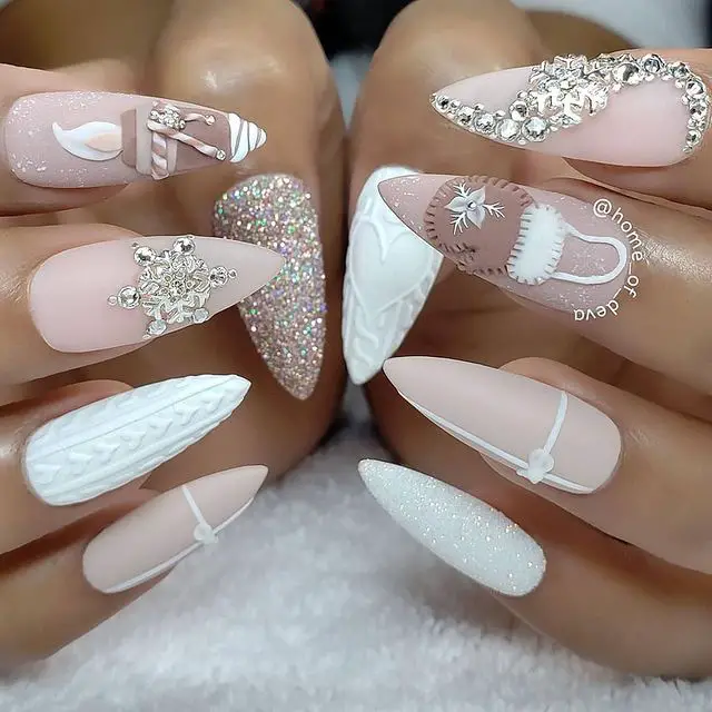 White and Pink Embellished Nails