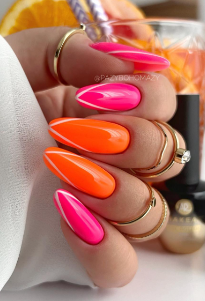 bright orange and pink summer nails designs