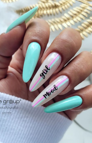 girl boss nail art. spring summer nails almond. pink and blue pastel nail designs