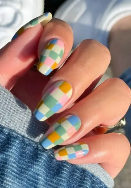 pastel checkered nails spring. acrylic coffin nail ideas