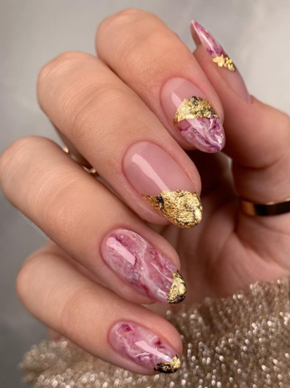 pink marble and gold tipped nail design spring and summer nails