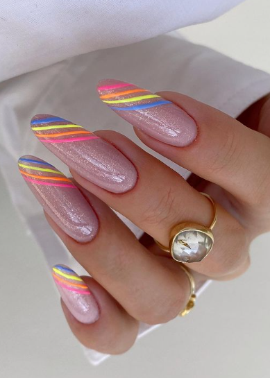 rainbow striped nail art. spring summer colorful nails designs almond