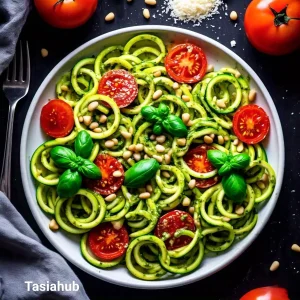 Zucchini noodles with pesto and cherry tomatoes