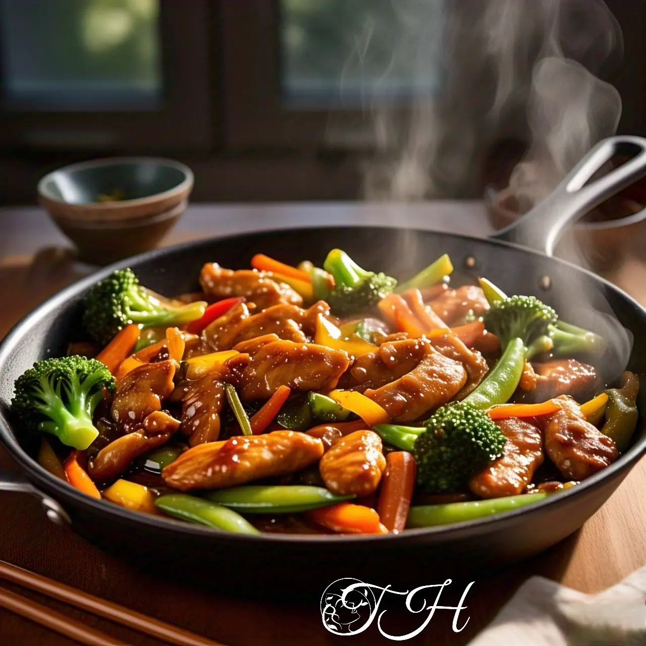 a skillet of chicken vegetable stir fry