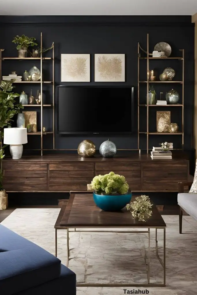 A TV on a dark accent wall