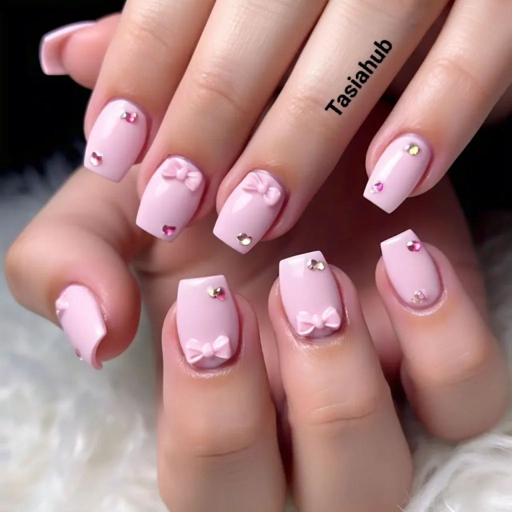 Baby Pink Nails with Bow and Heart Gems