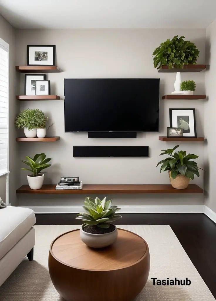 Floating shelves over TV living rooms 1