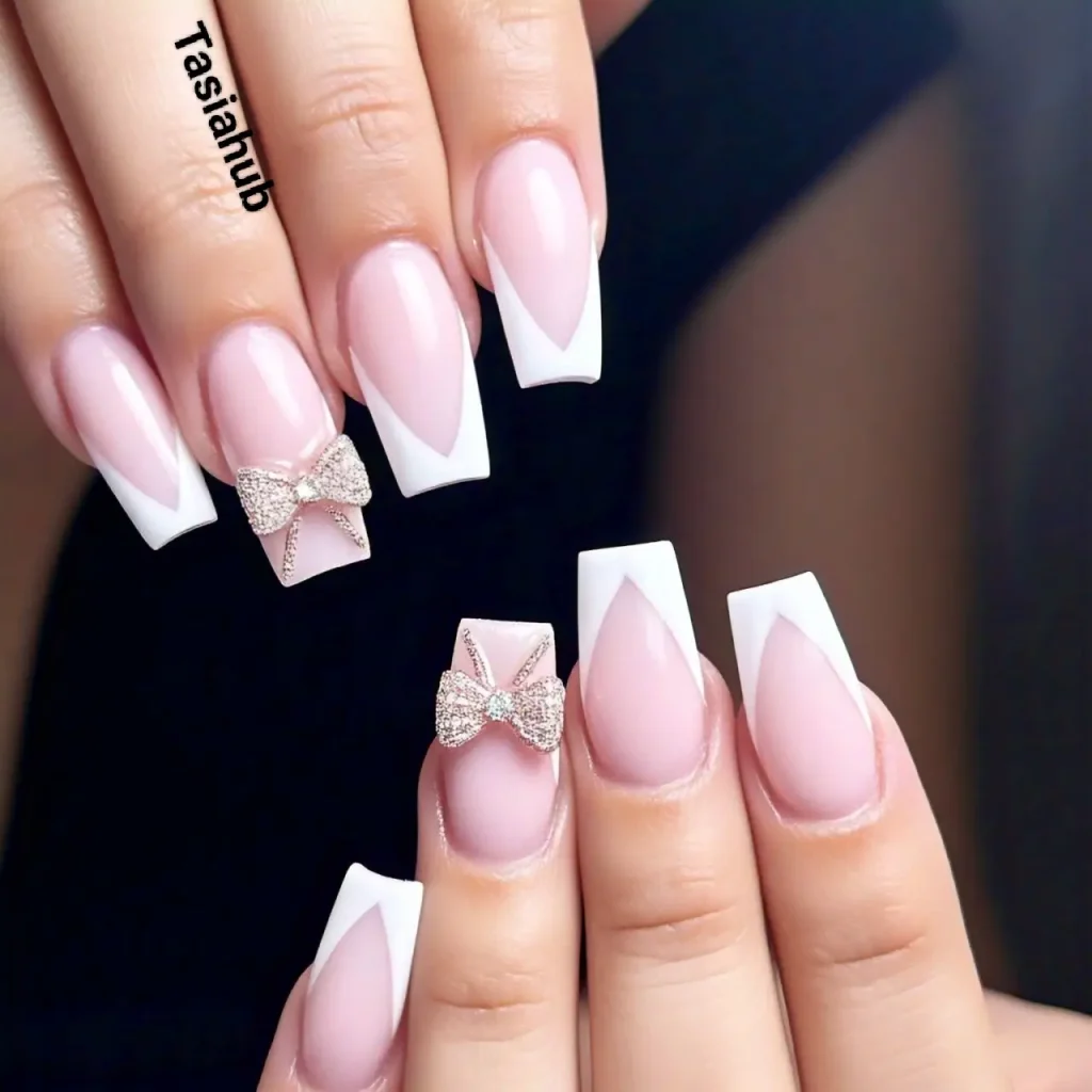 Light Pink French Tips with Crystal Bow