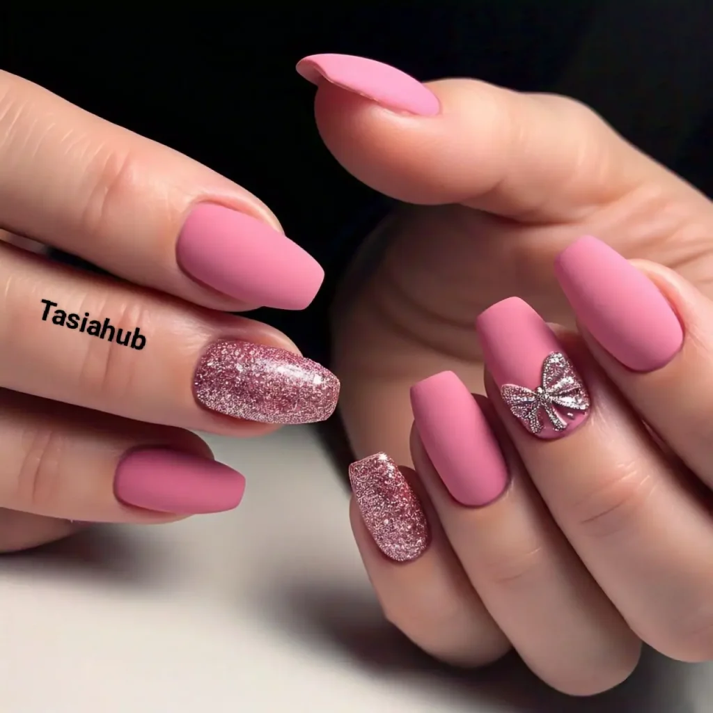 Matte Pink with Glitter Bow Accent