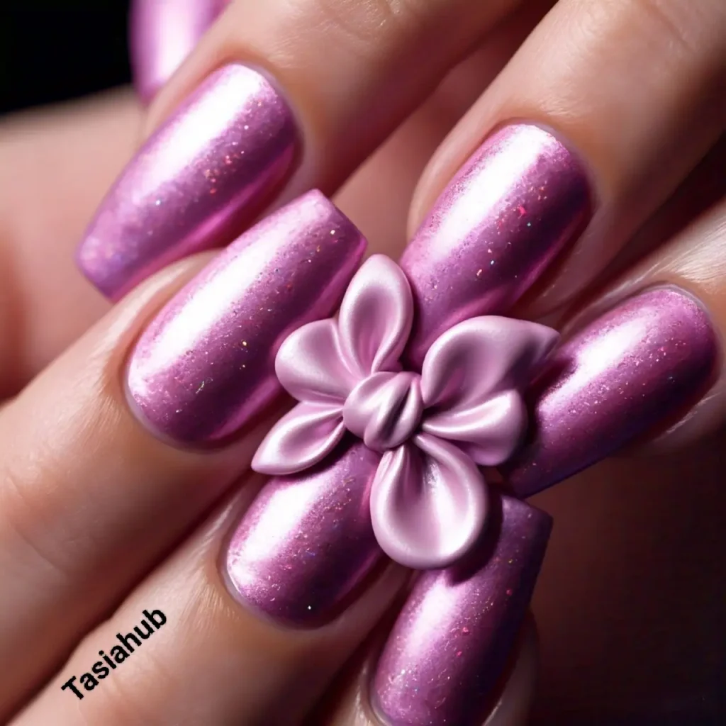 Pink Chrome Nails with Satin Bow
