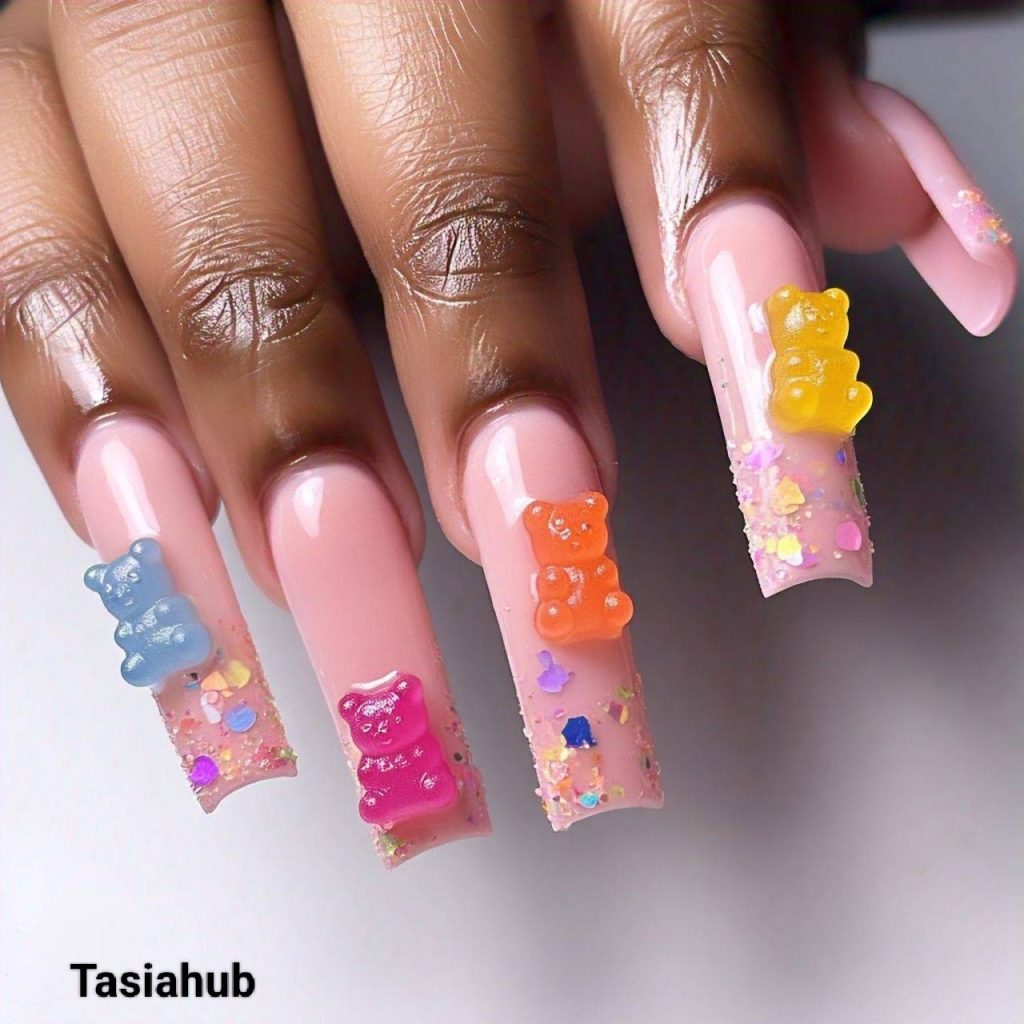 Pink Coffin Nails with Gummy Bear Charms