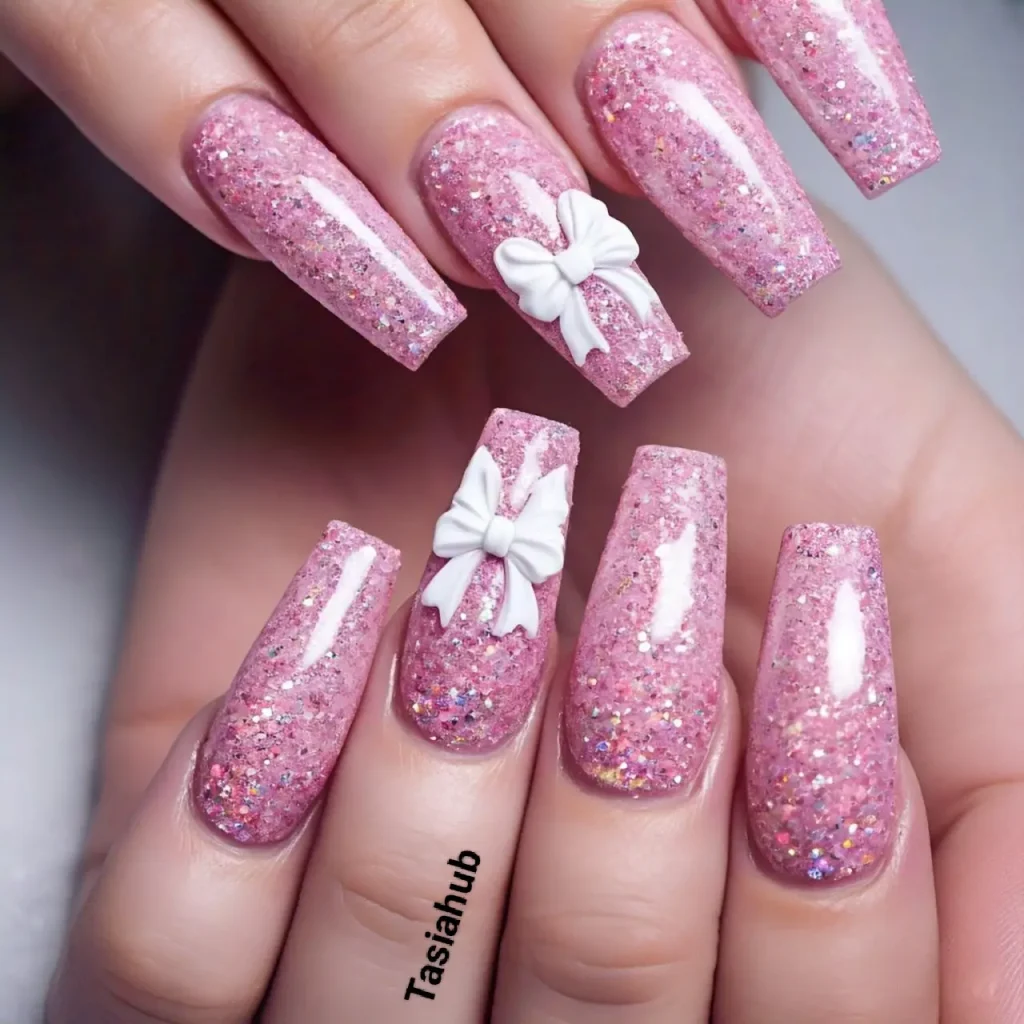 Pink Glitter Nails with 3D White Bow