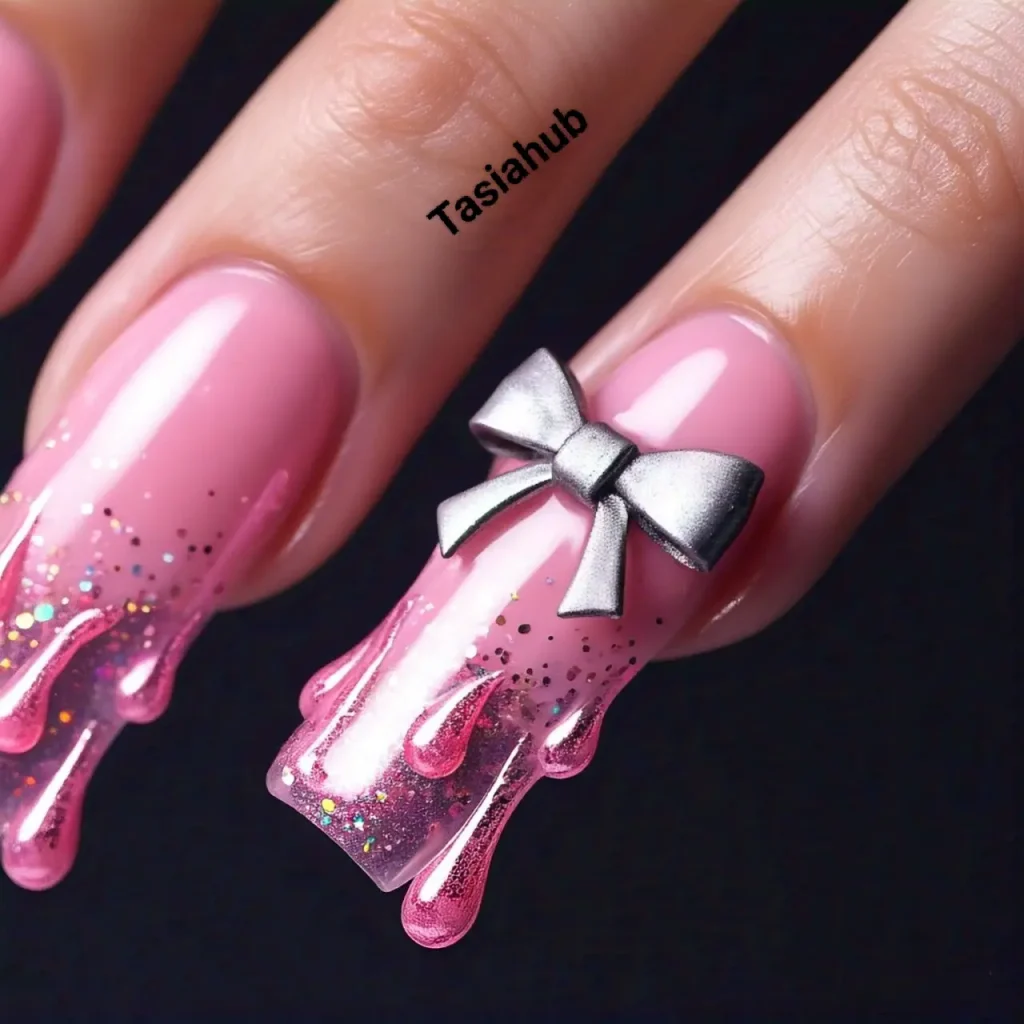 Pink Nails with Glitter Drips and Bow