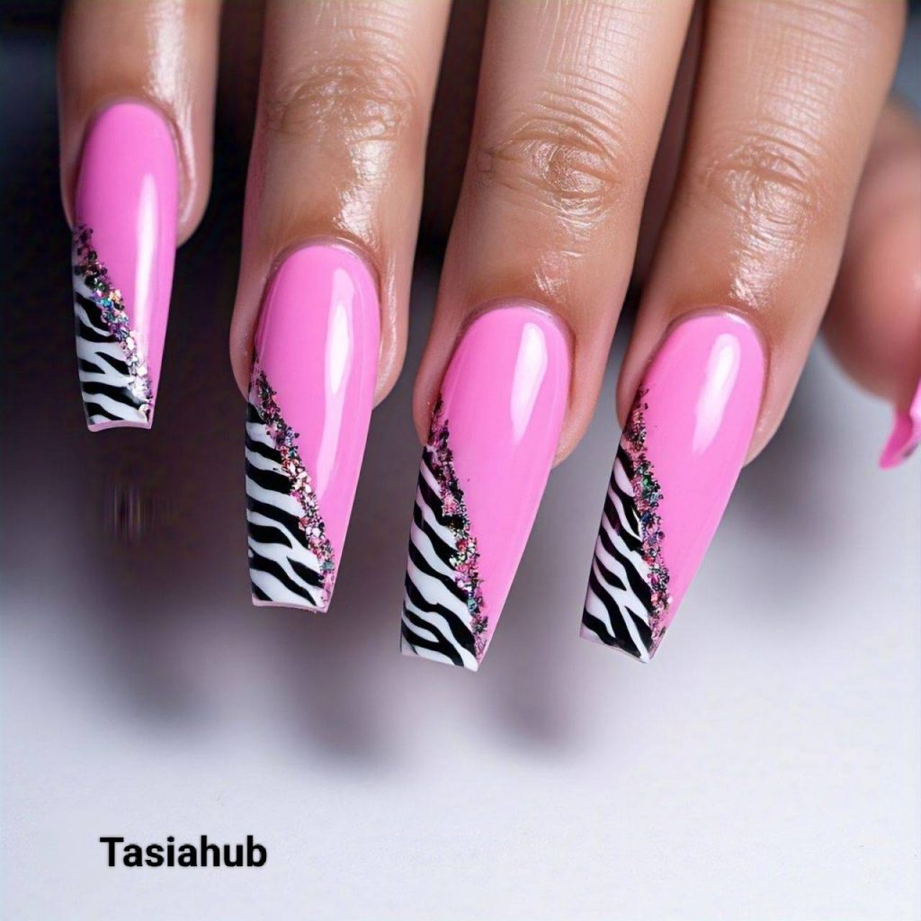 Pink Zebra and Glitter Combo Nails