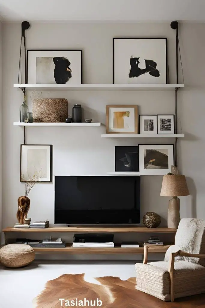 TV wall decor by hanging a long horizontal shelf