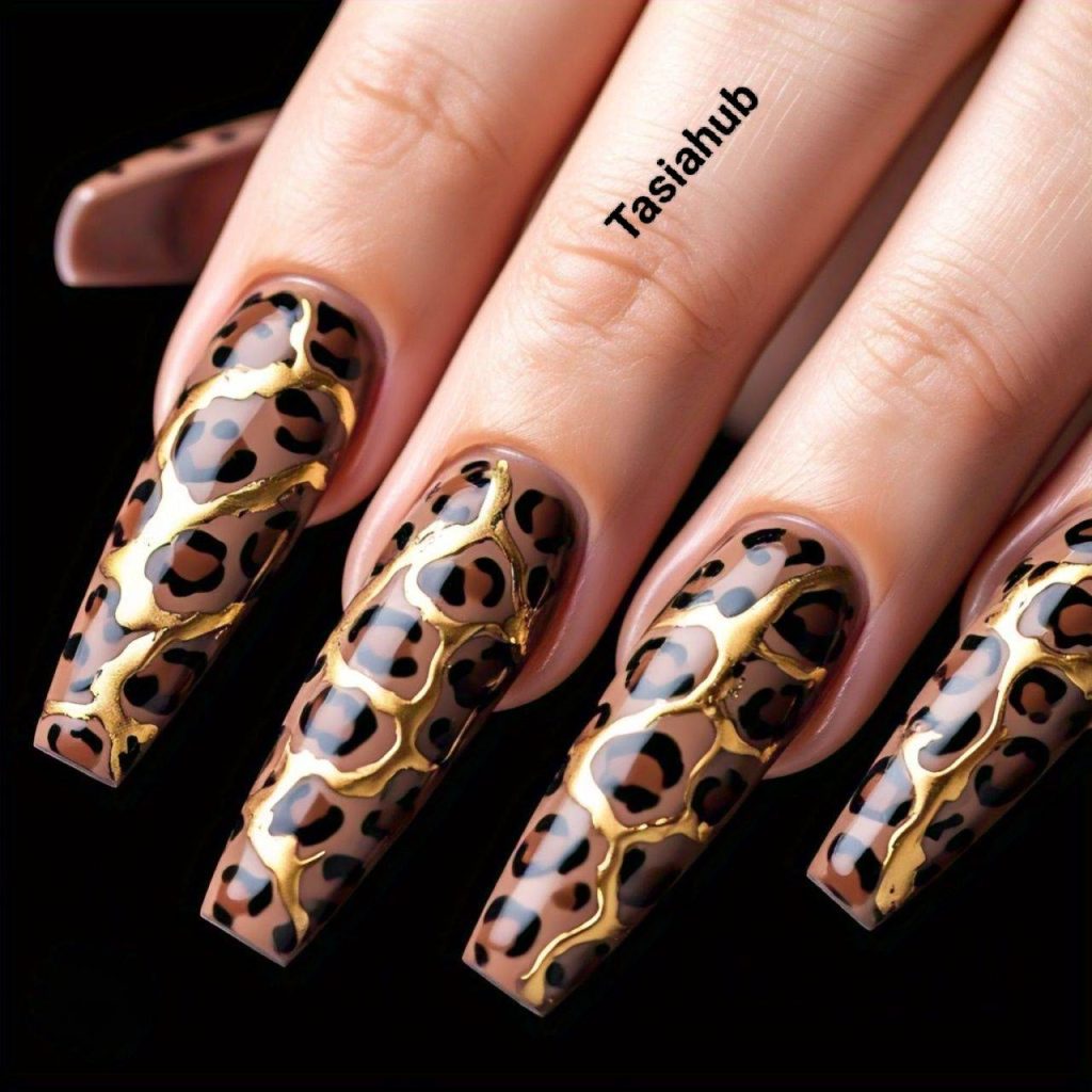brown and leopard nails accented with molten