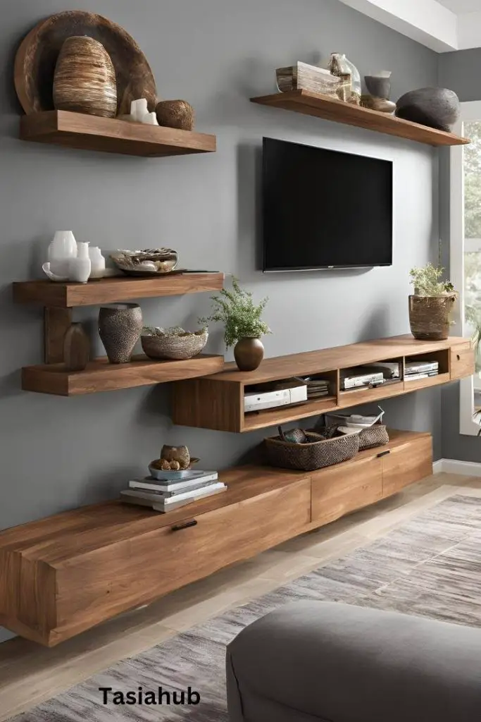 floating shelves above and around tv