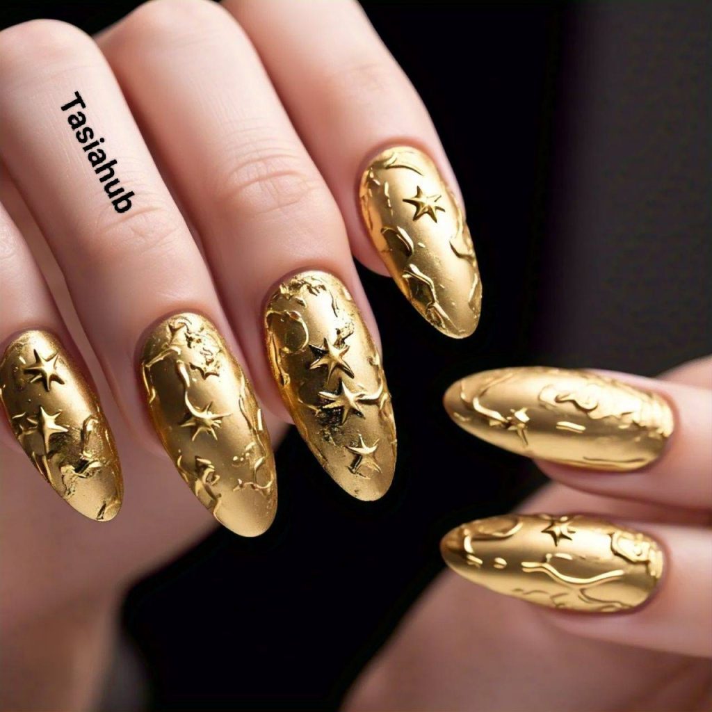 gold almond nail designs featuring molten