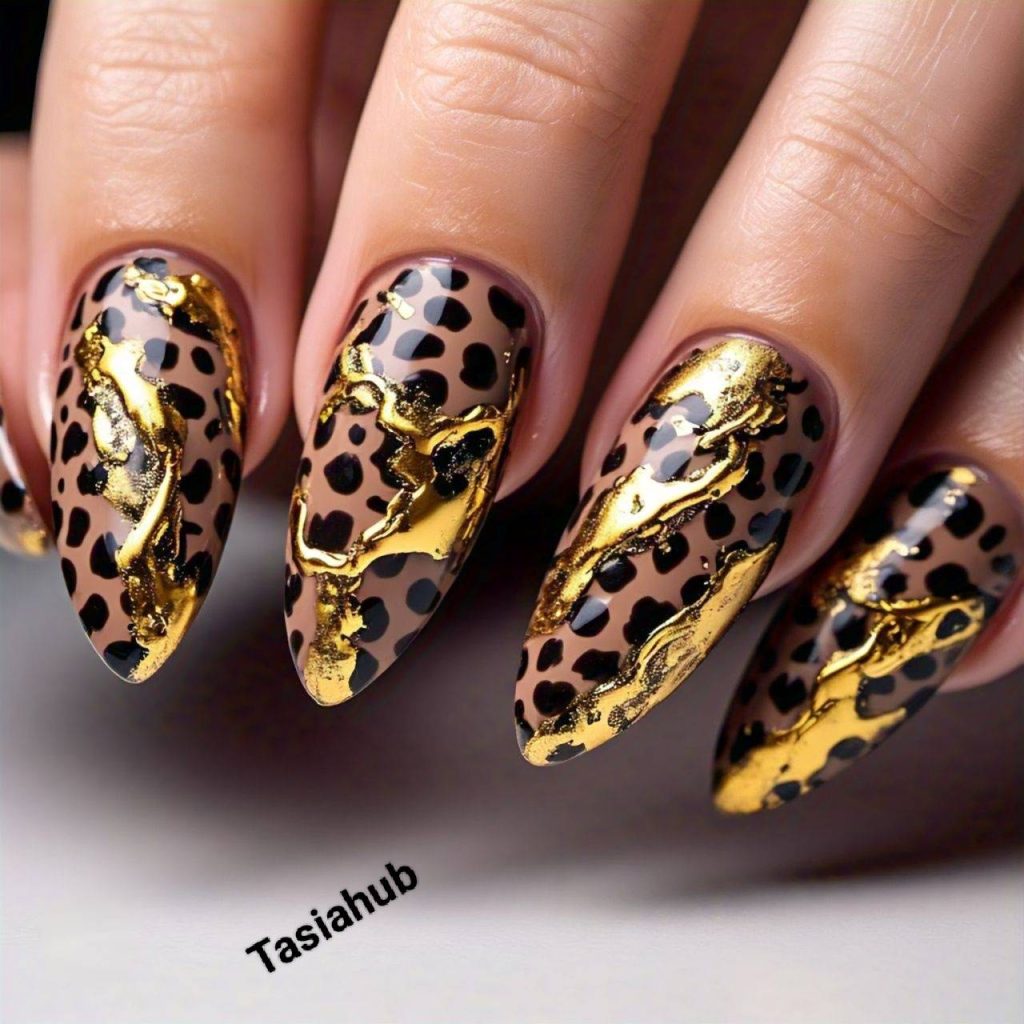 leopard and gold nails
