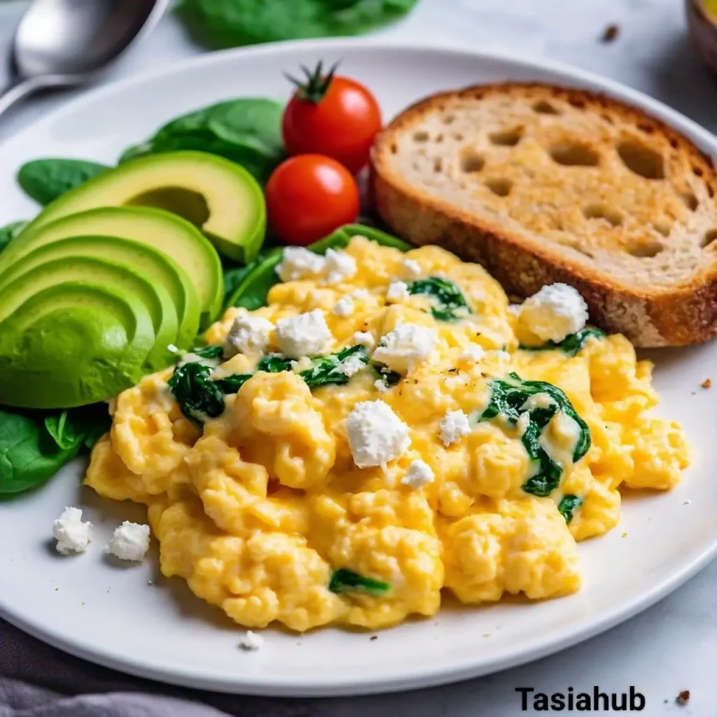 scrambled eggs with wilted spinach