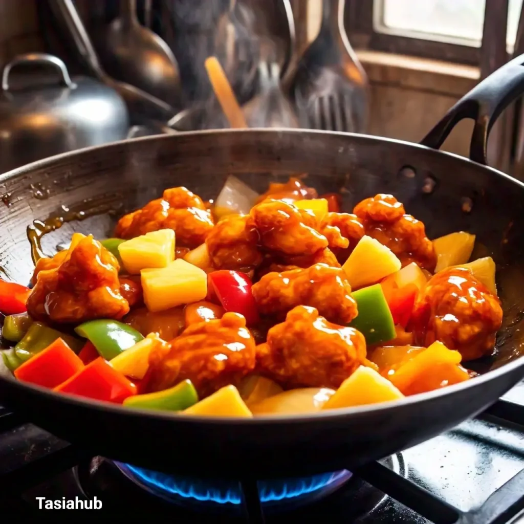 sweet and sour chicken in a wok