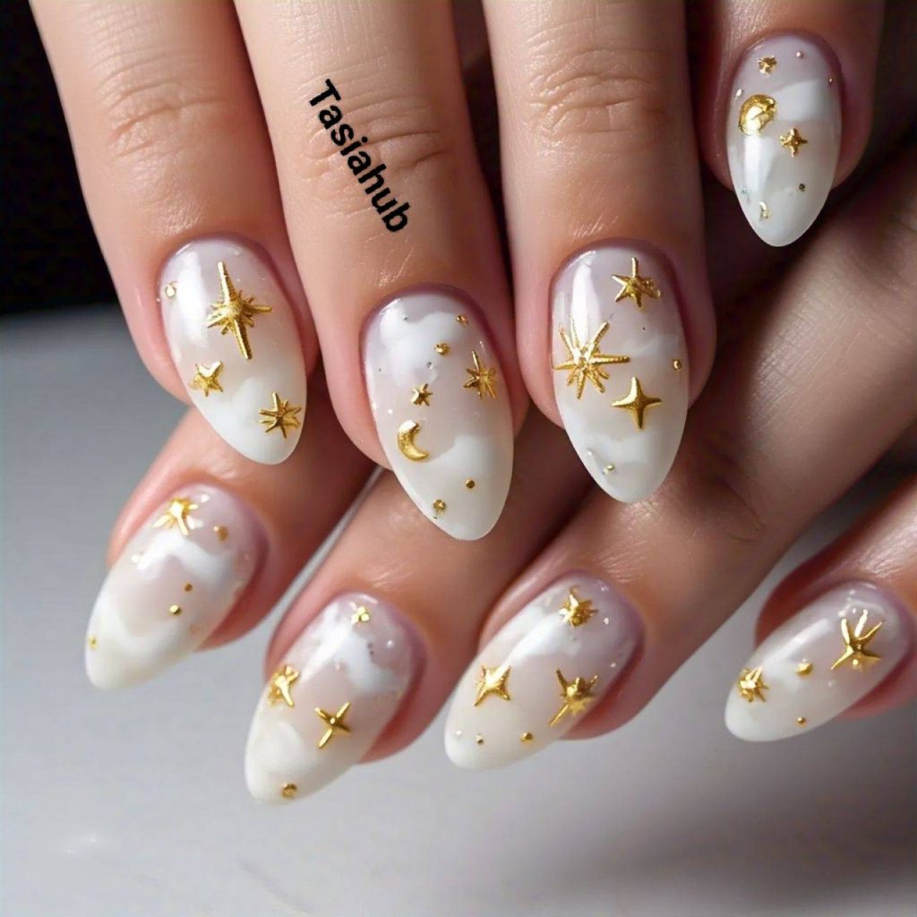 white and gold celestial nails