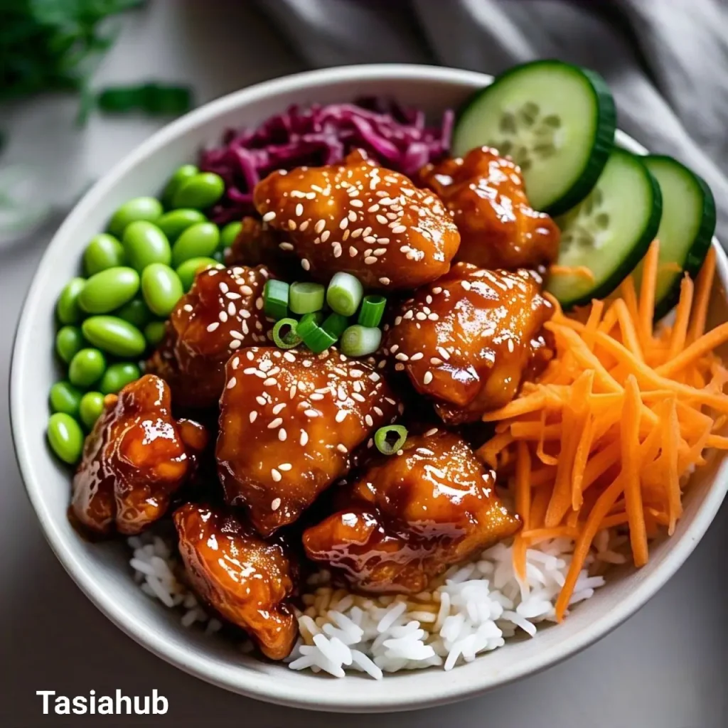 A bowl of sticky chicken and rice