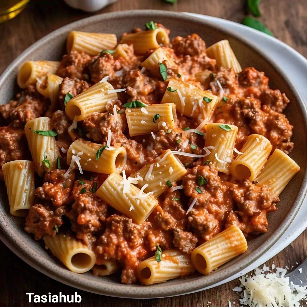 A plate of sausage rigatoni