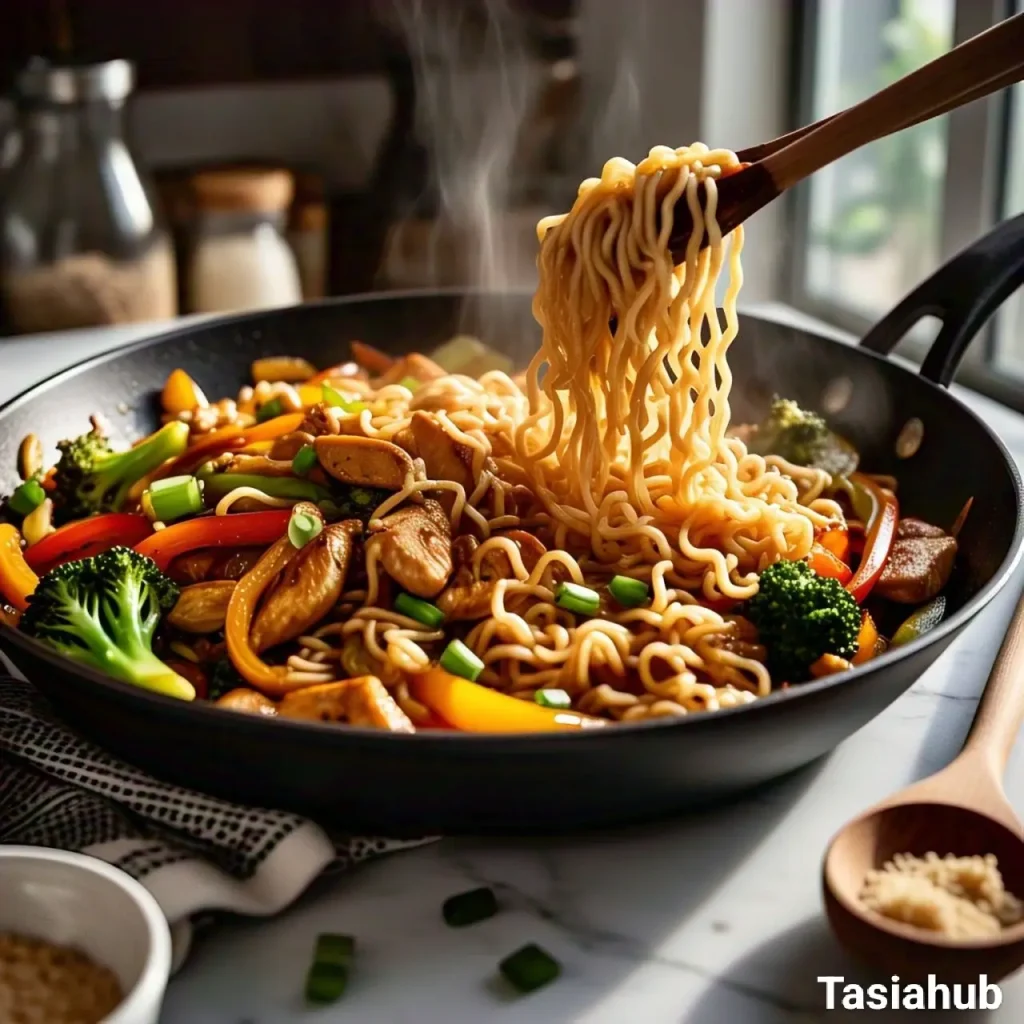 A skillet of chicken ramen stir fry