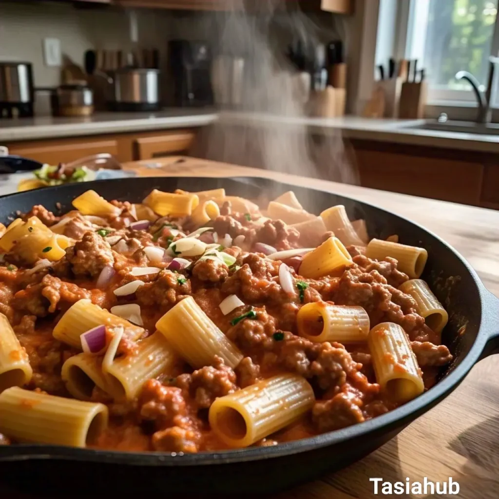 skillet of sausage rigatoni