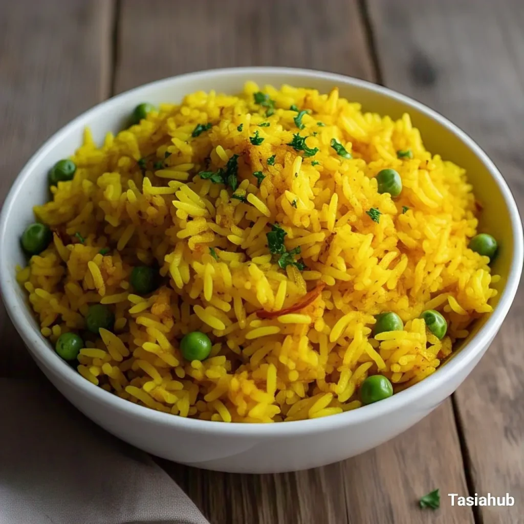 A bowl of yellow rice served on a wooden table