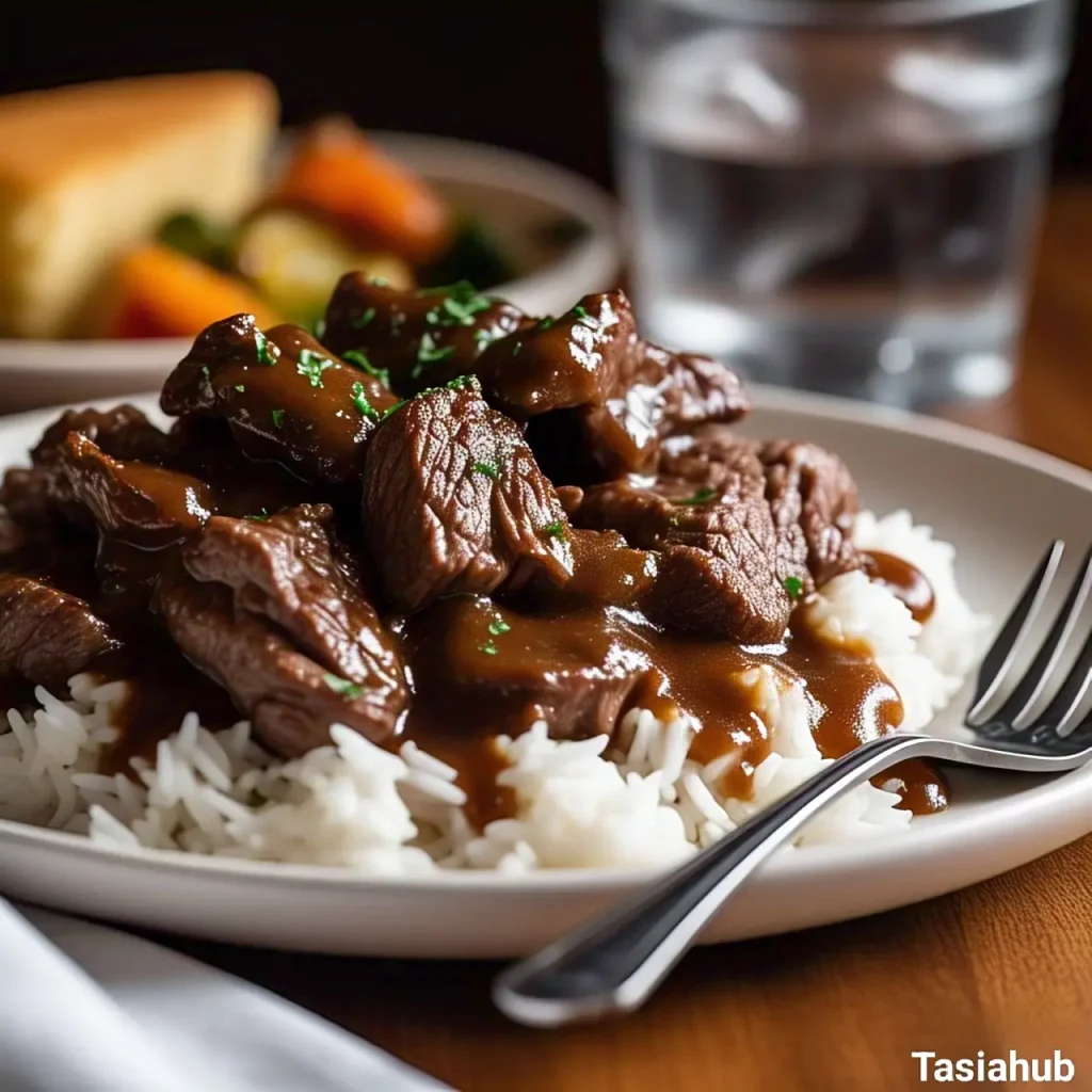 A plate of beef tips and rice