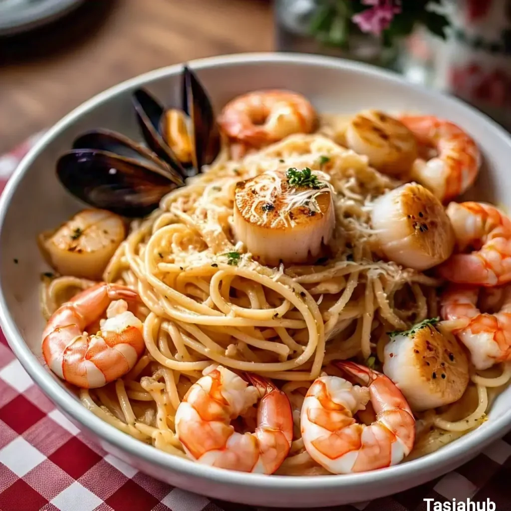 A plate of seafood pasta