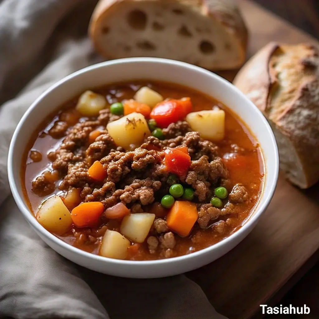 A white bowl of ground beef stew