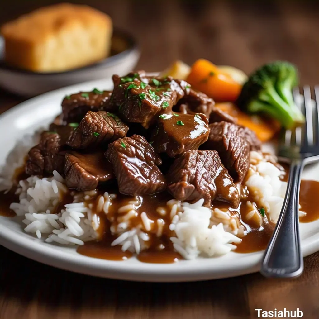 Beef tips served over fluffy rice