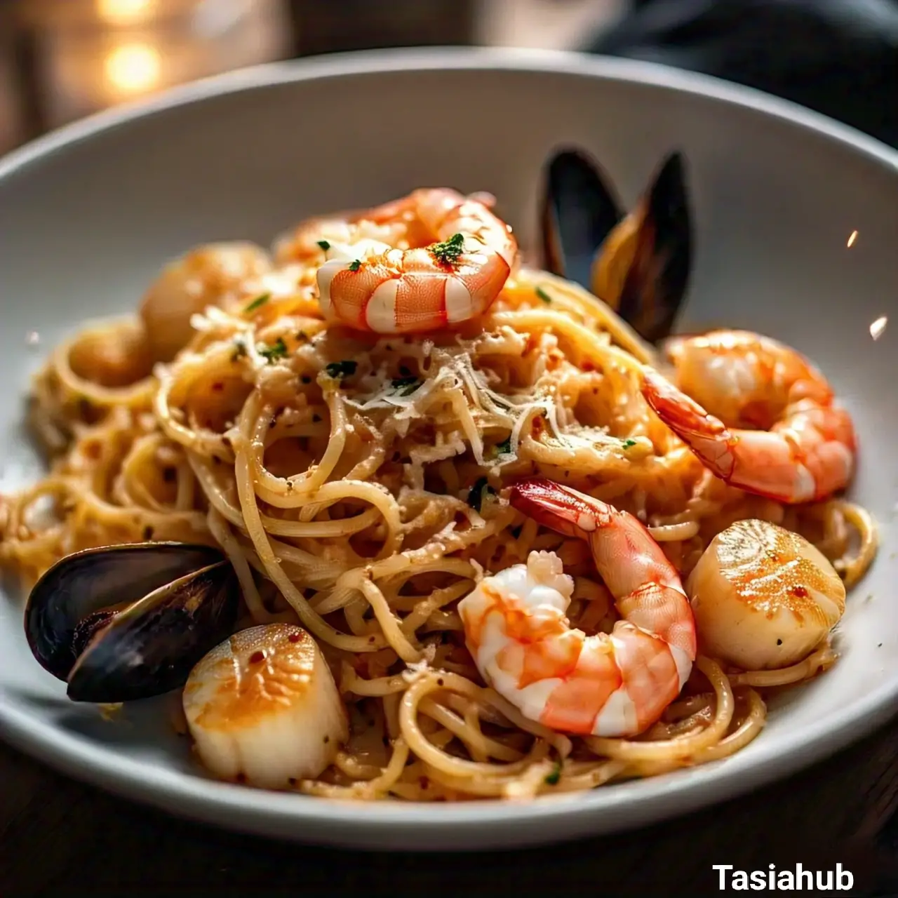 A plate of seafood pasta