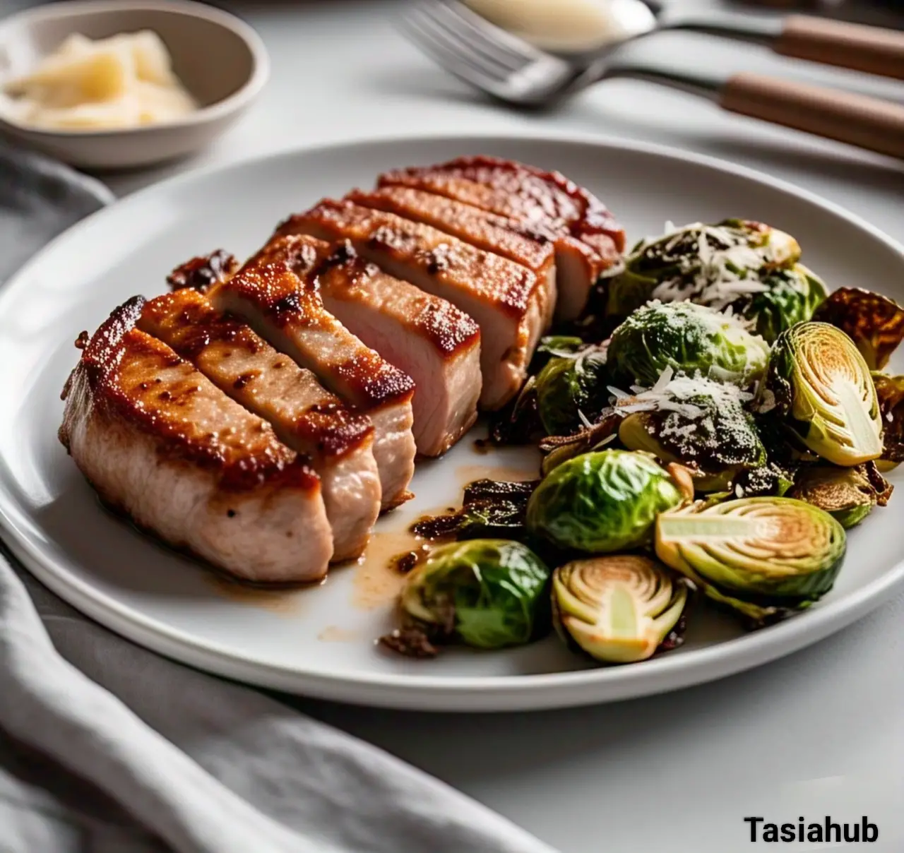 A plate of sous vide pork chops