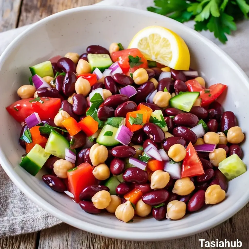 A bowl of bean salad with lemon wedge
