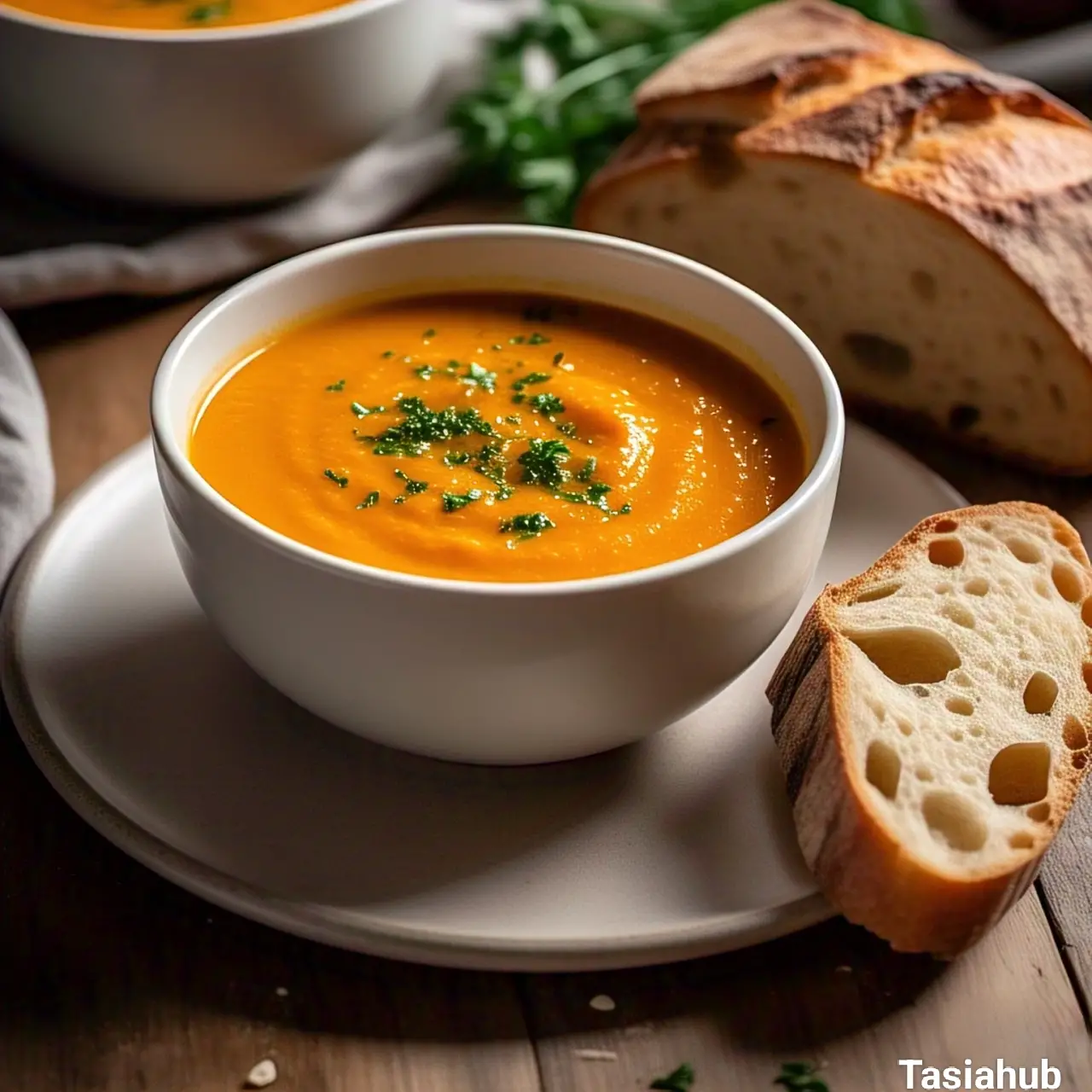A serving of carrot soup with a side of sourdough bread