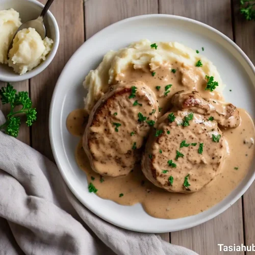 A plate of sour cream pork chops