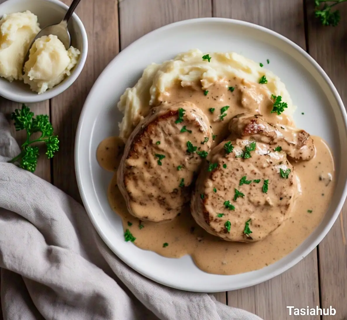 A plate of sour cream pork chops