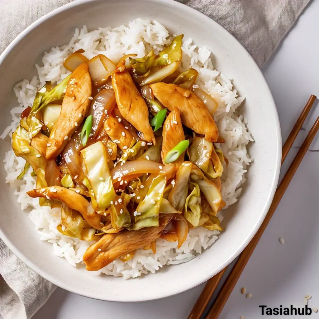Cabbage stir fry over fluffy rice