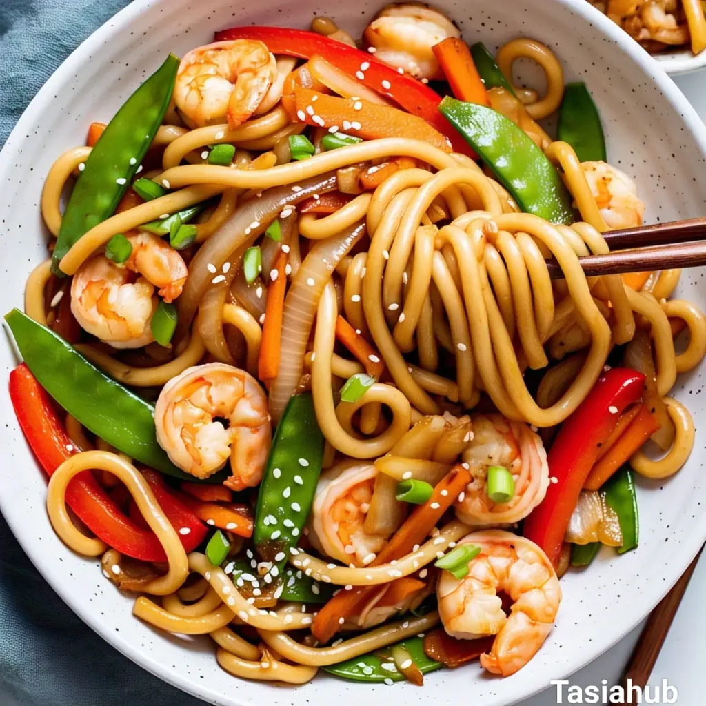A serving of udon noodle stir fry
