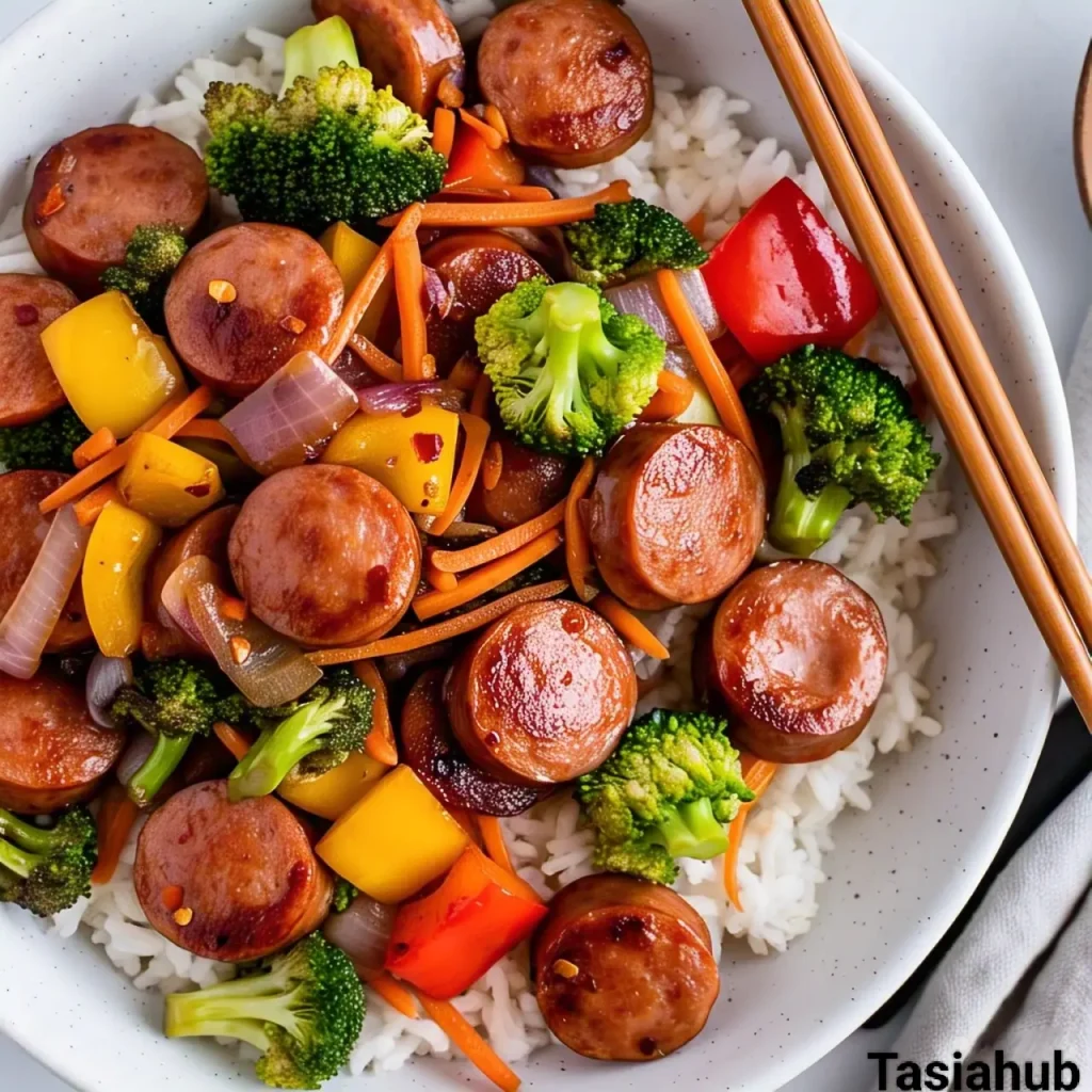 Sausage stir fry served over rice