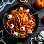 Bloody spaghetti with mozzarella eyeballs